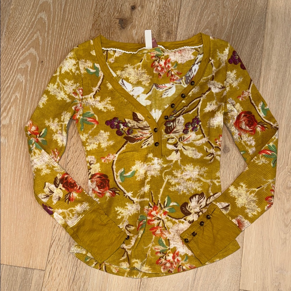 Pilcro Mustard Floral Thermal Long Sleeve Top